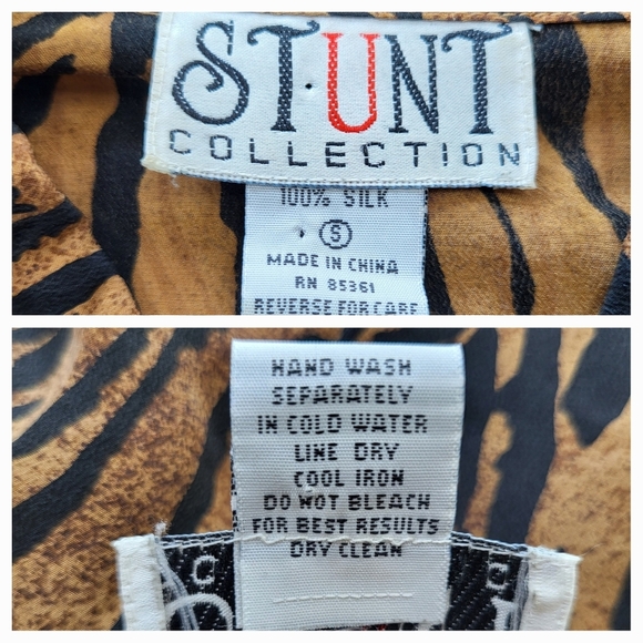 Vintage STUNT Silk Blouse Long Sleeve Button Up Brown Tiger Print Size Small - Picture 8 of 9